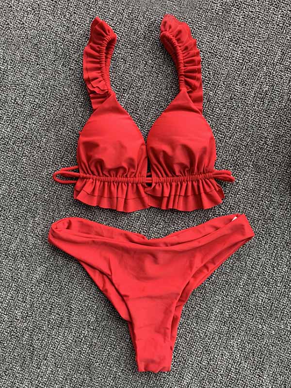 Solid Color Ruffled Triangles Split Bikini Swimsuit