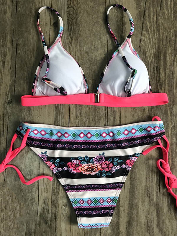 Bandage-Bikini-Badeanzug mit Blumenmuster und Dreiecken 