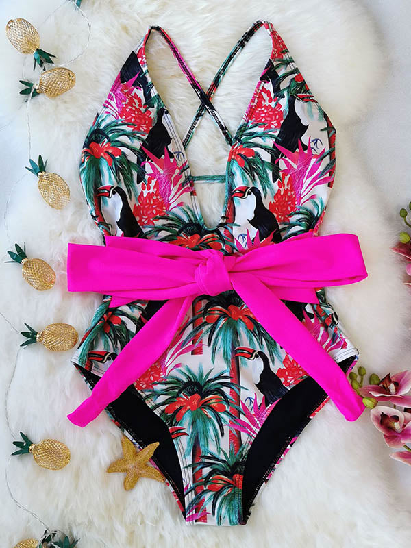 Floral Print Knotted Backless One-Piece Swimwear