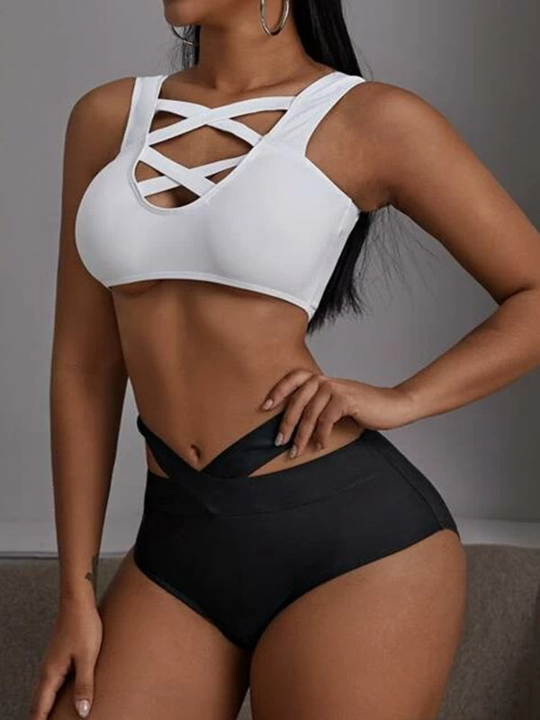 Solid Color Bandage Crossed Split Bikini Swimsuit