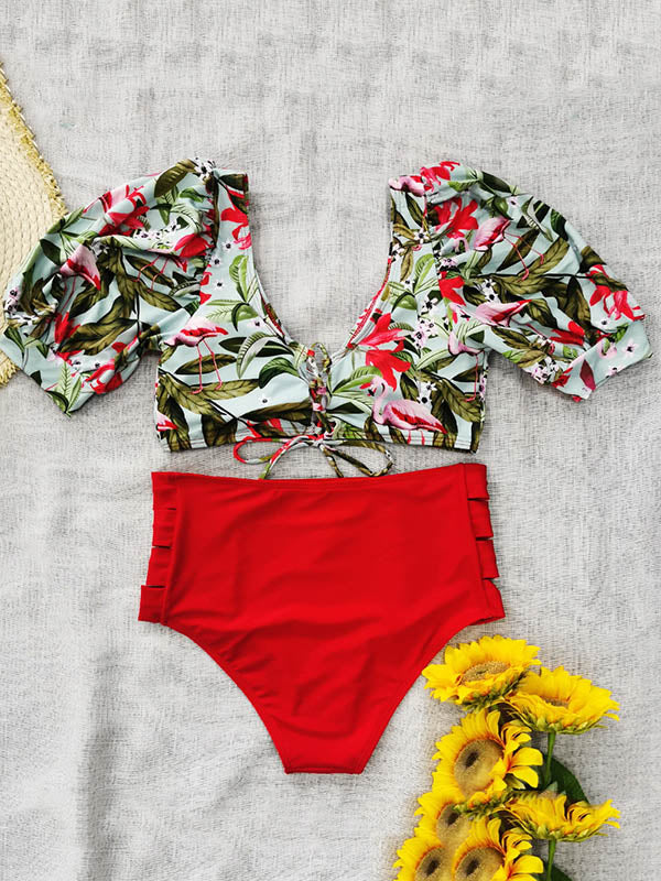 Langärmliger Bikini-Badeanzug mit Blumenmuster 