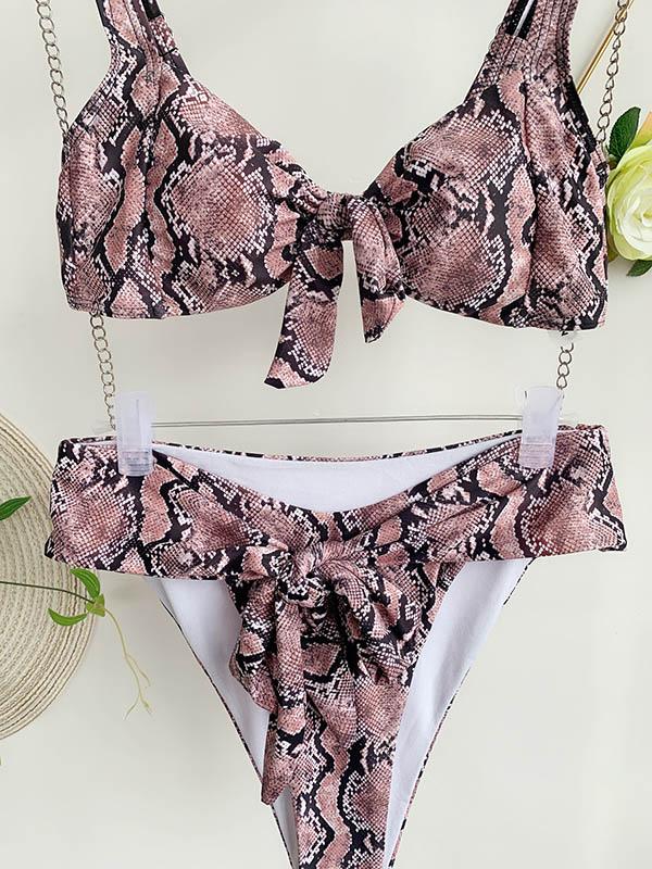 Snake-Print Knotted Hollow Split Bikini Swimsuit