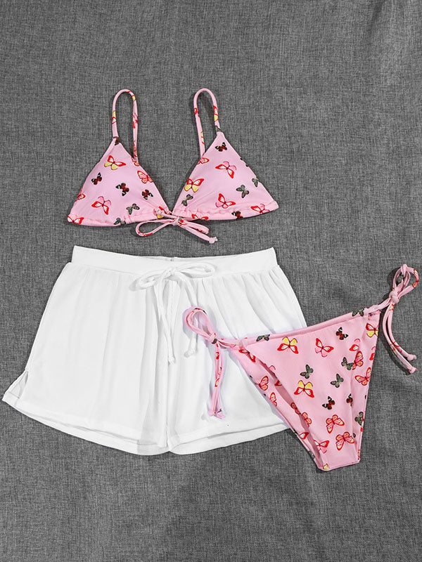 Floral Sexy Triangles Split Bikini Swimsuit+Shorts Three-Piece Set