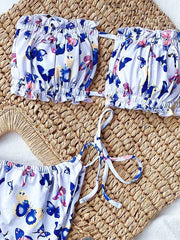 Floral-Print Ruffled Hollow Bandage Bandeau Split Bikini Swimsuit