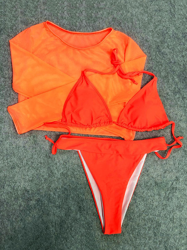 Solid Color See-Through Long Sleeve+Triangles Split Bikini Swimsuit+Three-Piece Set