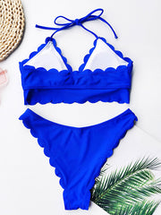 Solid Color Cropped Halterneck Split Bikini Swimsuit