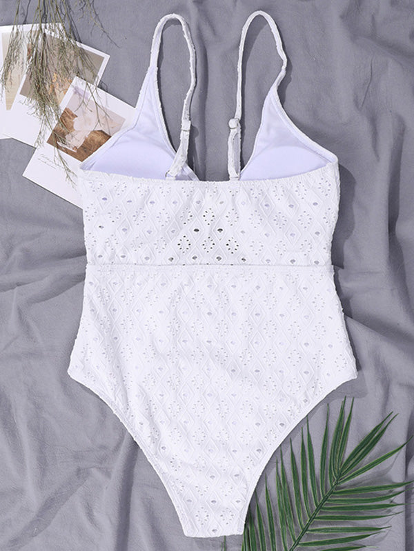 Plain Spaghetti-Neck Hollow Embroidered One-Piece Swimwear