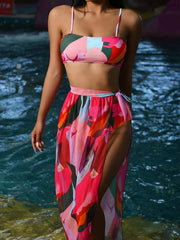 Contrast Color Bandeau High-Waisted Beach Skirt Three-Pieces Bikini Swimwear