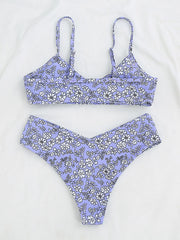 Floral-Print  V-Neck Spaghetti-Neck Split Bikini Swimsuit