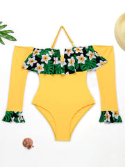 Floral-Print Split-Joint Falbala Off-The-Shoulder Long Sleeve One-Piece Wetsuit