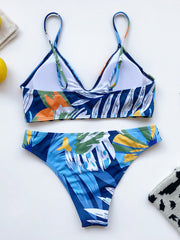 Floral-Print Split-Joint  Spaghetti-Neck Split Bikini Swimsuit