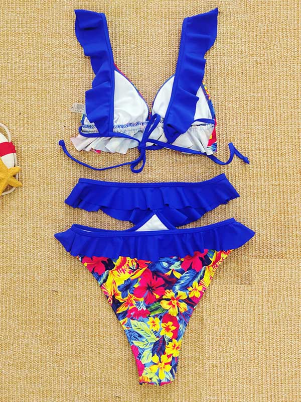 Falbala Floral Printed  Lace-Up Bikini Swimsuit