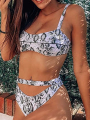 Sleeveless Snake-Print Hollow High-Waisted Bikini Swimwear