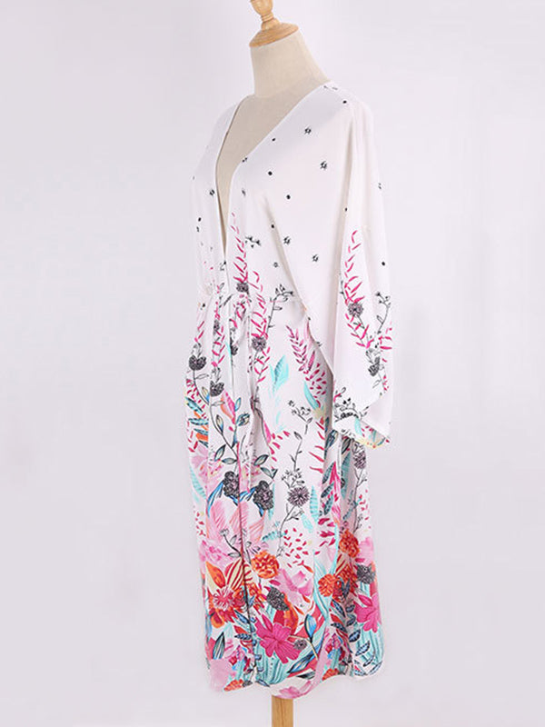 Floral-Print Long Sleeved Tunicshang Cover-Ups Tops