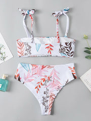 Floral-Print Bandeau Knotted Split Bikini Swimsuit