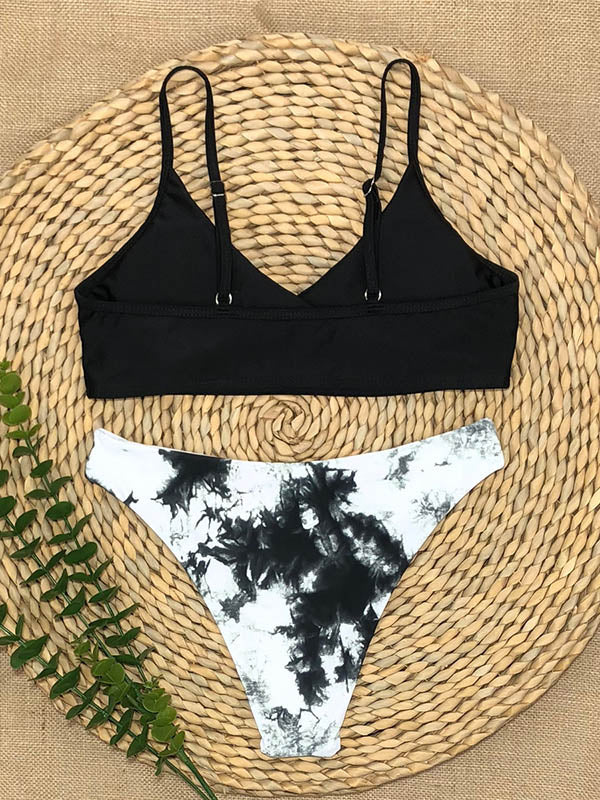 Color-Block Floral-Print Spaghetti-Neck Split Bikini Swimsuit