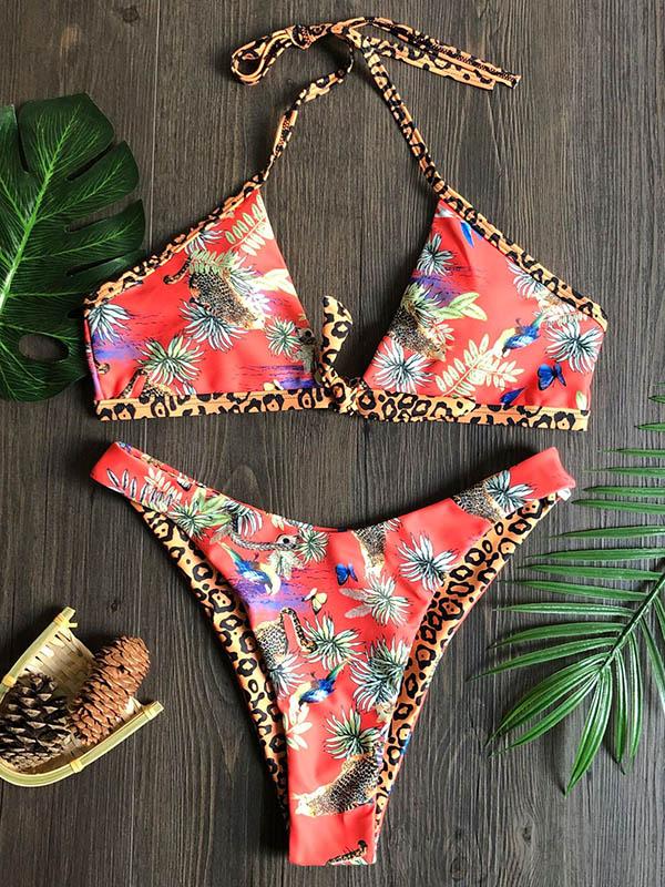 Sexy Bikini-Badeanzug mit V-Ausschnitt und Bandage-Print 