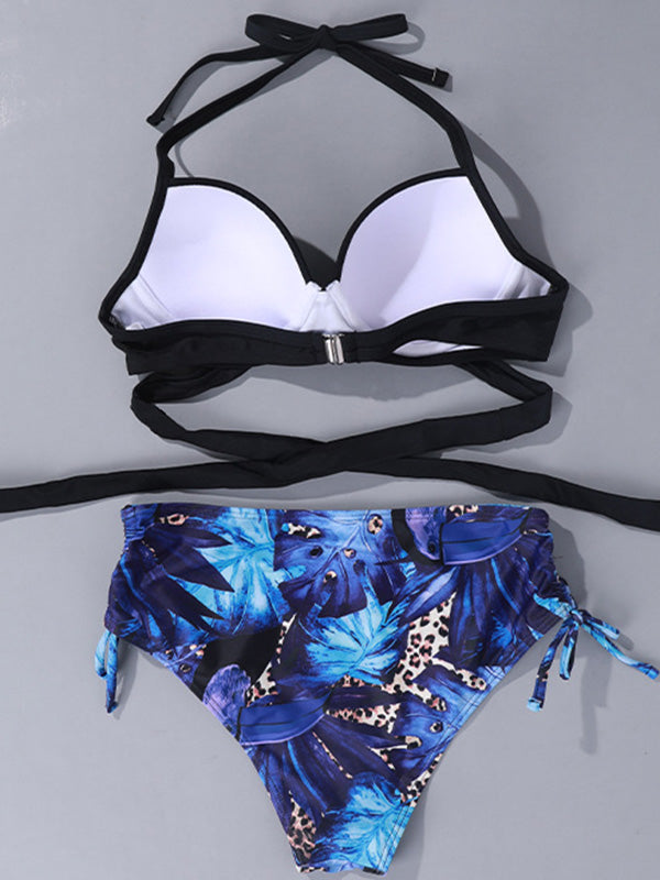 Solid Color Backless Bralette Floral High-Waisted Bikini Swimwear