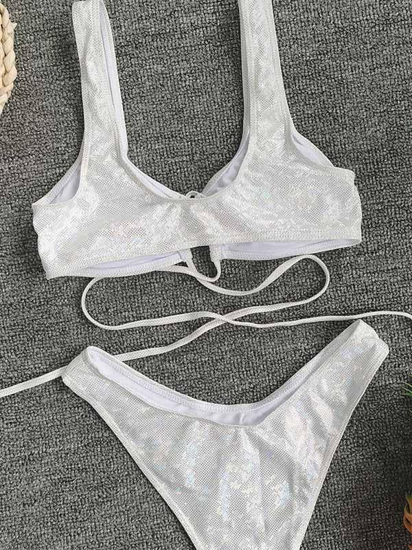 Wet Look Bandage Hollow Split Bikini Swimsuit