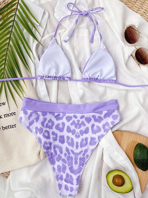 Asymmetric  Floral-Print Triangles Split Bikini Swimsuit