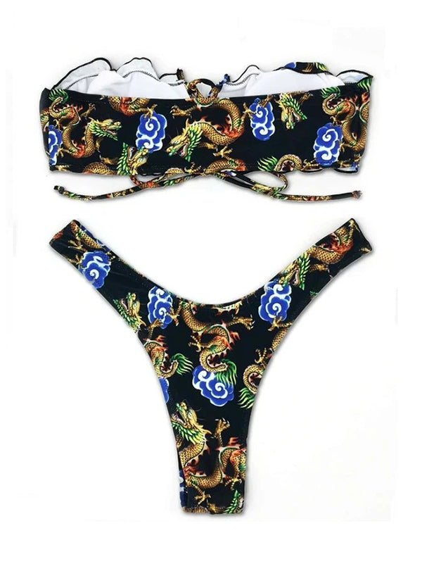 Strapless Printed Chinese Style Bandeau Bikini Swimsuit