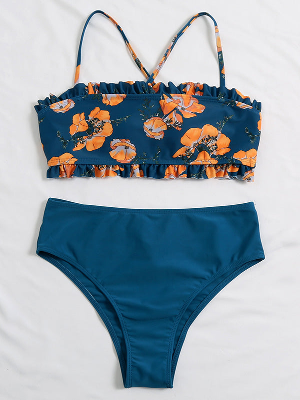 Bandeau-Bikini-Badeanzug mit Schlitz und Blumenmuster in Farbblock-Optik 