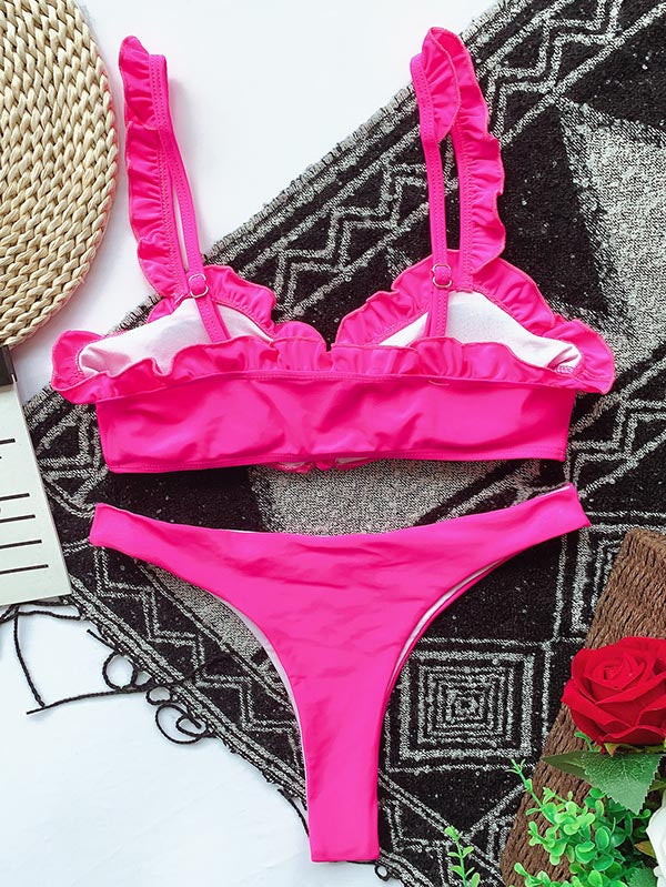 Solid Color Falbala Lace-Up Bikini Swimsuit