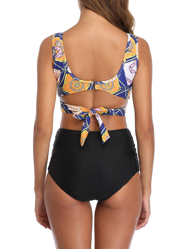 Ethnic Printed Bandage V-Neck Split Bikini Swimsuit