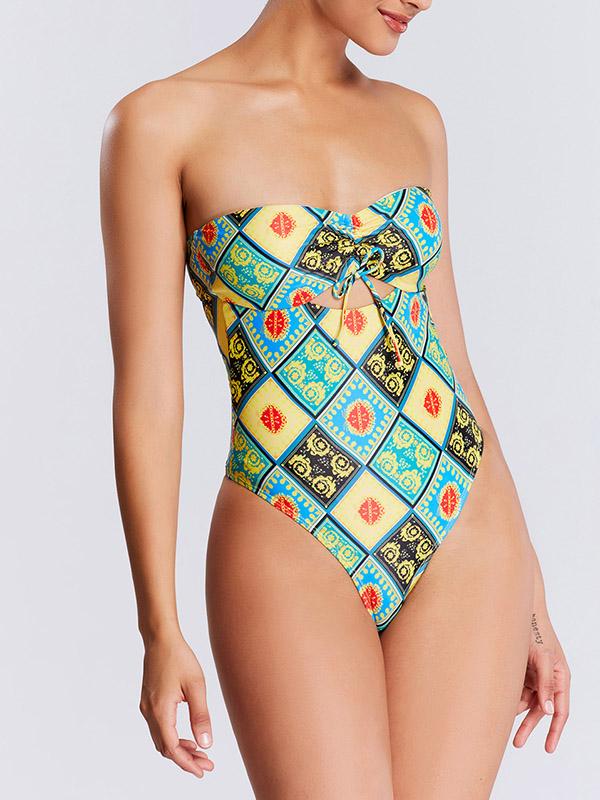 Vintage Print Hollow Bandage Bandeau One-Piece Swimwear