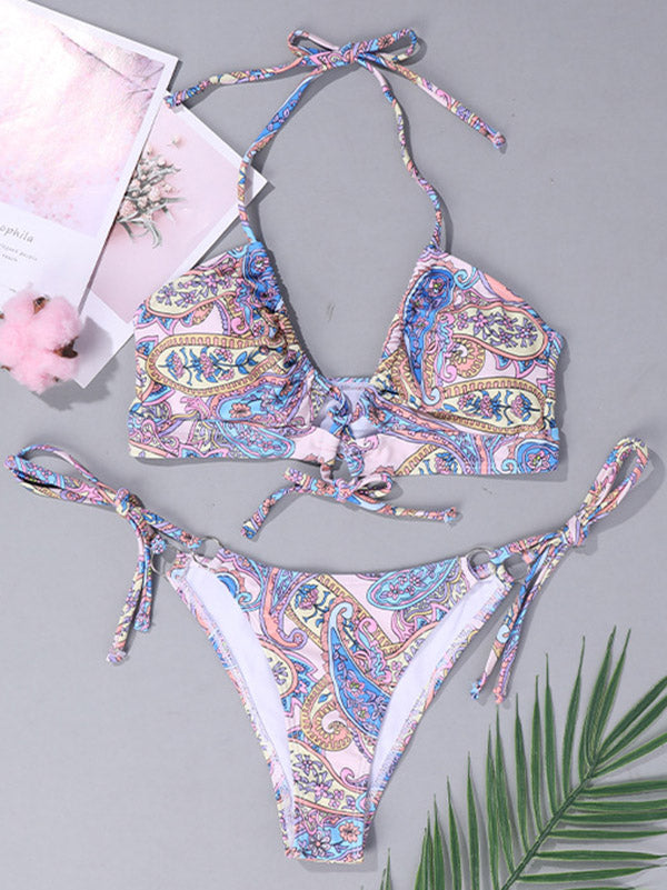 Neckholder-Bikini mit Blumenmuster, rückenfrei, Bralette, seitliche Schnürung 