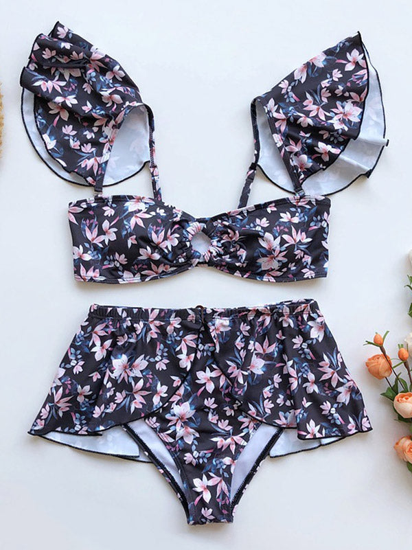 Sexy Floral Printed Ruffles Three-Pieces Bikini Swimsuit