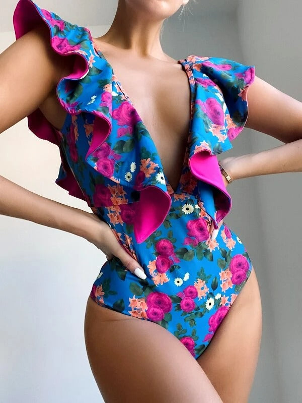 Ruffled Floral V-Neck One-Piece Swimwear