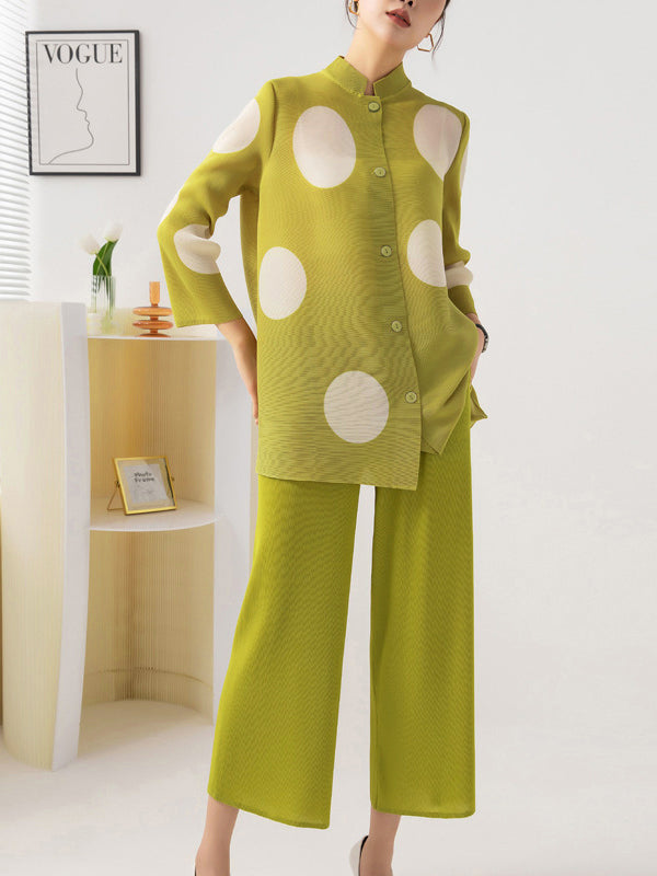 Long Sleeves Loose Pleated Polka Dot Stand Collar Two Pieces Set