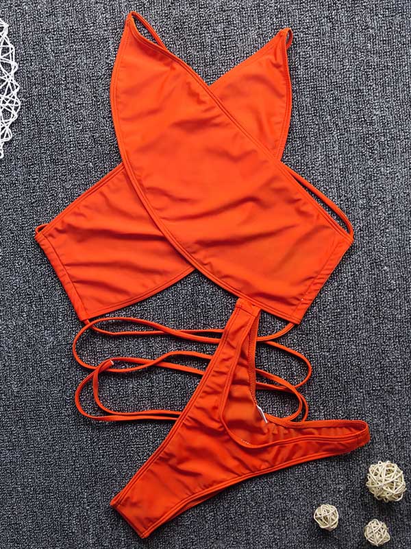 Sexy Crossed Bandage Backless Split Bikini Swimsuit