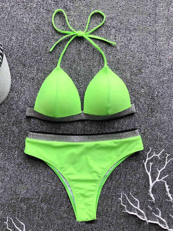 Color-Block Halterneck Bralette More Coverage Backless Bikini Swimwear