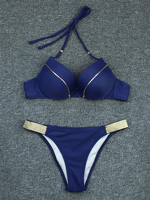 Solid Color Split-Joint Underwired  Split Bikini Swimsuit