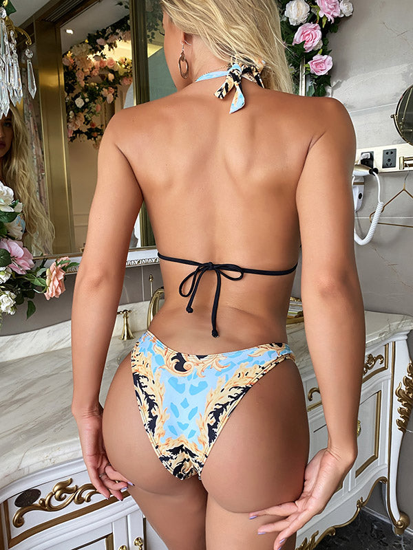 Ethnic Printed Knotted  Triangles Split Bikini Swimsuit