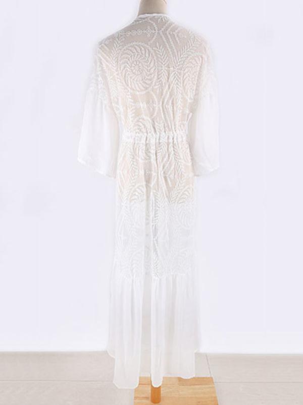 See-Through Split-Joint Embroidered Falbala Tunicshang Cover-Ups