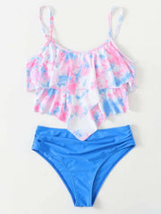 Gradient Printed Falbala Tiered Split Tankini Swimsuit