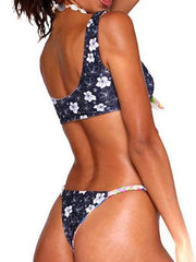 Floral-Print Knotted Hollow Split Bikini Swimsuit