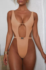 High Leg Cutout Belted Thong Monokini One Piece Swimsuit