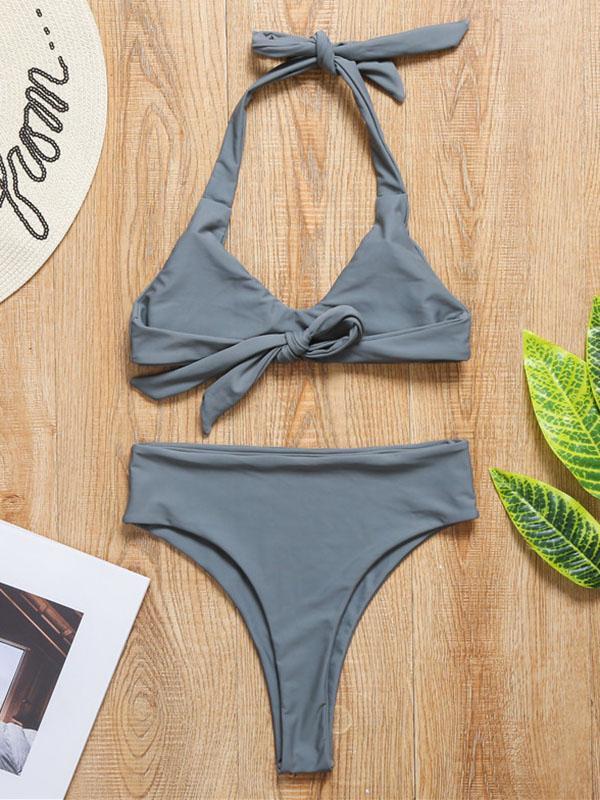 Popular Solid Color Sexy Halterneck Split Bikini Swimsuit