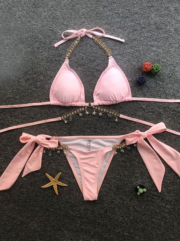 Gorgeous Embellished Bandage Triangles Split Bikini Swimsuit