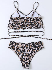 Spaghetti-Neck Leopard Print Bandage High-Waisted Split Bikini Swimsuit