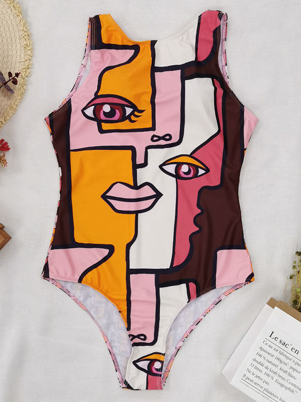 Abstract Printed Cartoon One-Piece Swimsuit