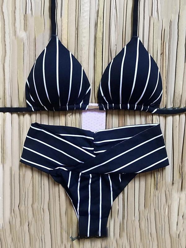 Striped Split-Joint Triangles Halterneck Split Bikini Swimsuit