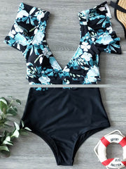 Falbala Floral-Printed Deep V-Neck Bikinis Swimsuit