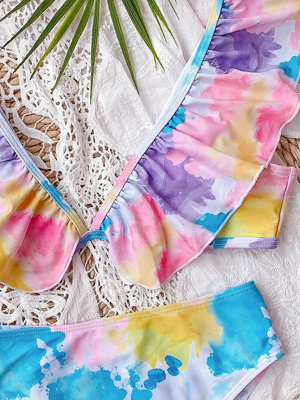 Tie-Dyed Gradient Lotus Leaf Collar Split Bikini Swimsuit