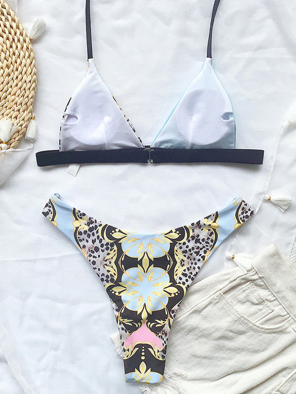 Asymmetric Solid Color Split-Joint Triangles Split Bikini Swimsuit