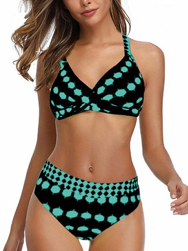 Vintage Print Polka-Dot Crossed Split Bikini Swimsuit